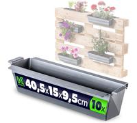 KADAX Set di 10 fioriere per pallet con sistema di sospensione, 37x9 cm argento, per piantare e decorare come vaso da balcone, vaso per fiori per pallet europeo, inserto per vaso e vaso decorativo in