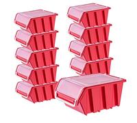 KADAX - Set di 10 scatole impilabili in plastica, organizer per attrezzi con coperchi, contenitori durevoli per viti, contenitori per esposizione in officina (Rosso, 155 x 100 mm)