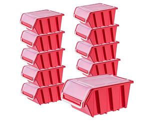 KADAX - Set di 10 scatole impilabili in plastica, organizer per attrezzi con coperchi, contenitori durevoli per viti, contenitori per esposizione in officina (Rosso, 155 x 100 mm)