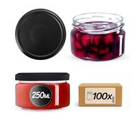 KADAX Set di 100 vasetti per marmellata da 250 ml con coperchio a vite Ø 82 mm in nero opaco - ermetici, lavabili in lavastoviglie, ideali per marmellate, chutney, verdure sott'aceto, carne, paté e