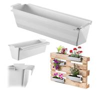 KADAX Set di 12 vasi da balcone per pallet con sistema di sospensione, 37x9 cm bianco, per piantare e decorare come fioriera da balcone, vaso per fiori per pallet europeo, inserto per vasi e sopravaso