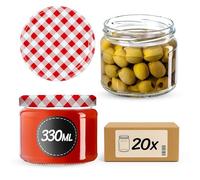 KADAX Set di 20 barattoli per marmellata da 330 ml, TO82, colore rosso, a quadretti, con coperchio a vite, ermetici, per miele e marmellate