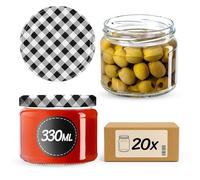 KADAX - Set di 20 vasetti con coperchio a vite, vasetti per marmellata da 330 ml, barattoli per conserve di marmellate, confetture, miele, con chiusura a vite (nero a scacchi)