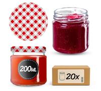KADAX Barattoli Ermetici di Vetro da 200 ml, Vassetti Piccoli con Coperchio a Vite per Conserve di Frutta, Marmellate e Miele (Set di 20, Quadri Rossi)