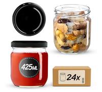 KADAX Set di 24 barattoli per conserve da 425 ml, TO82, colore nero, con coperchio a vite, ermetici, per Meal Prep, Overnight Oats, pasta acida
