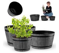 KADAX Set di 3 Vasi Ø 30 cm + 40 cm + 50 cm, in Plastica Effetto Legno per Giardino, Balcone o Terrazza, con Secchio (Grigio Scuro)