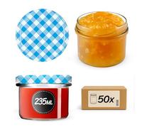 KADAX Set di 50 vasetti per marmellata da 235 ml con tappo a vite a quadretti blu, Ø 82 mm, per marmellate, chutney, verdure in salamoia, patè, salumi, carne, alimenti per bambini e molto altro ancora