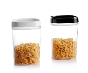 KADAX - Set di contenitori per alimenti trasparenti in plastica, barattoli ermetici con coperchio, contenitori per versare per farina, cereali, zucchero e pasta (Set di 2: 1000 ml, Bianco&Nero)