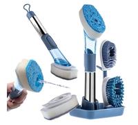 KADAX Spazzola multifunzione con 4 testine per spazzole, spazzola per lavare i piatti con dispenser per detersivo, spazzola da cucina, spazzola per piatti e dispenser di sapone (blu)