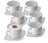 KADAX Tazze con piattini in porcellana, elegante set da 6 pezzi da 250 ml, tazze impilabili in porcellana con piattini per tè, caffè e cappuccino (bianco rotondo)