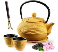 KADAX Teiera giapponese, 850ml Bollitore in ghisa, ⌀15cm Caraffa con filtro a rete e manico robusto, servizio da tè di stile giapponese, tradizionale bollitore in ferro (Giallo)