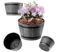 KADAX Vaso a Forma di Barile Ø 30 cm, Vaso Decorativo in Plastica per Interni ed Esterni, Aspetto Naturale del Legno (Grigio Scuro)