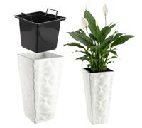 KADAX - Vaso alto in plastica con effetto 3D, grande vaso per fiori per uso interno ed esterno, vaso quadrato con inserto (bianco, 74,5 cm)