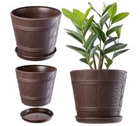 KADAX Vaso da fiori con sottovaso, effetto legno, in plastica, 17 cm, marrone