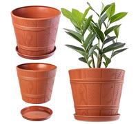Vaso KADAX con piatto, aspetto legno, plastica, 17 cm, terracotta