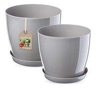 KADAX Vaso da fiori, set di vasi con sottovaso, vaso in plastica, vaso rotondo per interni, sopravaso per fiori e piante da appartamento, vaso per erbe (Set di 2 - 23+28 cm, grigio)