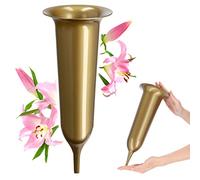 Kadax Vaso per Tomba in Plastica, Resistente alle Intemperie e al Gelo, con Spiedini Macinati, per Fiori e Decorazioni Cimiteriali (12 cm, Oro)