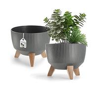 KADAX Vaso Rialzato 24 cm in Plastica per Piante da Interno ed Esterno, Coprivaso Decorativo con Piedistallo Simil-Legno e Design Moderno (Grigio Scuro)