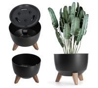 KADAX Vaso Rialzato in Plastica per Piante da Interno ed Esterno, Coprivaso Decorativo con Piedistallo Simil-Legno e Design Moderno (39.5 cm, Nero)
