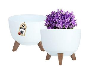 KADAX Vaso Rialzato in Plastica per Piante da Interno ed Esterno, Coprivaso Decorativo con Piedistallo Simil-Legno (Set di 2: 29 cm, Bianco)