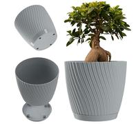 KADAX - Vaso rotondo per piante, vaso in plastica con sottovaso per piante da appartamento, vaso senza tempo con superficie decorativa per uso interno ed esterno (26 cm, grigio)