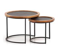KADIMA DESIGN Set di 2 tavolini da salotto in legno massello/effetto pietra, rotondi, con struttura in metallo, tavolino moderno, tavolo da divano, tavolo per nidificazione, 2 pezzi, marrone