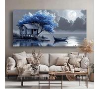 KADING Quadro su tela, baita sul lago di notte, dipinto astratto moderno, opera d'arte per soggiorno, ufficio, camera da letto, sala da pranzo (40x82 cm/16x32 pollici)