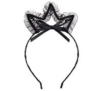 KADSXIYA Cerchietto per capelli in pizzo nero con orecchie di gatto, con fiocco, increspato, in tulle, per feste in maschera, cosplay, anime, accessori per capelli per donne e ragazze