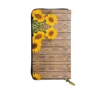 KadUe Portafoglio da donna in pelle con tre girasoli su legno, alla moda, scomparti multipli per carte e contanti carte di credito, Nero , Taglia unica, Contemporaneo