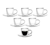 Kadum Bicchieri da caffè a doppia parete, set da 6 bicchieri termici con manico e piattino, 80 ml, in confezione regalo, resistenti al calore con piattino, lavabili in lavastoviglie