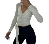 Kaeltsyn Coquettes traspiranti Camicette per le donne Wrap Top Maniche Lunghe Crop Top Camicia con scollo a V Tie Up Allenamento Balletto Donne Wrap Tie Tie Up Camicia Allenamento