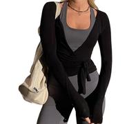 Kaeltsyn Coquettes traspiranti Camicette per le donne Wrap Top Maniche Lunghe Crop Top Camicia con scollo a V Tie Up Allenamento Balletto Donne Wrap Tie Tie Up Camicia Allenamento