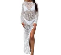 Kaeltsyn Costume da bagno a rete all'uncinetto per le donne scavato fuori cravatta indietro manica lunga spacco laterale spiaggia aderente abito lungo vacanza outfit
