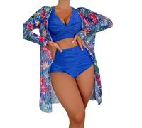 Kaeltsyn Costume da bagno da donna con bikini lungo e cardigan, stampa floreale, controllo della pancia, in poliestere, elastico, 3 pezzi