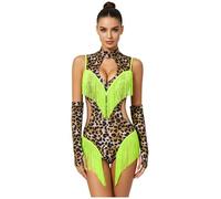 Kaerm Body Ginnastica Artistica Donna Chiave Davanti E Schiena Scoperta Danza del Tango E del Cha Cha Vestito Body con Frange Pattinaggio Verde Fluorescente XXL