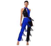 Kaerm Costume Stile Disco Anni '70 Donna Tuta Intera da Ballo Latino Americano Tango con Frange e Paillettes Body Danza Classica Moderna Costume Carnevale Halloween Blu reale XXL