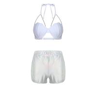 Kaerm Donna Completo Due Pezzi Set Bikini Lucido Metallico Lucido Set Abbigliamento Edm Micro Bikini Vesti Ballerina Esotica Beachwear Argento S