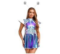 Kaerm Donna Costume da Alieno Metallico Lucido Abito Corto da Spazio Astronauta Discoteca con Cerchietto per Capelli Alien Costume Space Girl Costumi Carnevale Halloween Blu L