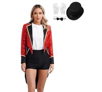 Kaerm Donna Giacca da Domatore Circo Costume da Maestro di Circo Cappotto da Banda Guardia Blazer di Paillettes Tailcoat Showman Ringmaster Costume Carnevale Halloween Rosso XL
