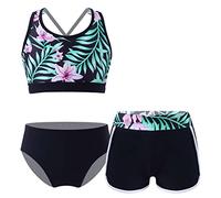 Kaerm Ragazza Tre Pezzi Costumi da Bagno Bikini da Spiaggia Crop Top con Pantaloncini Tankini Mare Piscina Set Spiaggia Swimsuit Beachwear 3-16 Anni Nero 9-10 Anni