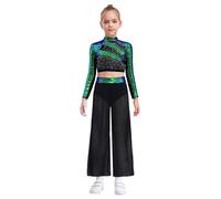 Kaerm Ragazze Tuta da Ginnastica Artistica Abbigliamento da Ballo Latino Tango Moderno Paillettes Crop Top + Pantaloni Larghi Completo da Danza Lirica Contemporanea Verde 9-10 anni