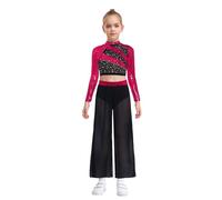 Kaerm Ragazze Tuta da Ginnastica Artistica Abbigliamento da Ballo Latino Tango Moderno Paillettes Crop Top + Pantaloni Larghi Completo da Danza Lirica Contemporanea Rosa acceso 15-16 anni