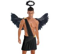 Kaerm Uomo Costume Angelo con Ali d'Angelo in Piume e Aureola Vestito Dio Greco Romano Toga Gonna Corta Abito Festa a Tema Costume Natale Carnevale Halloween Nero M