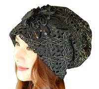Kafeimali Cappello da donna in pizzo con fiore, berretto morbido hip-hop con teschio, caldo turbante, Nero, One Size