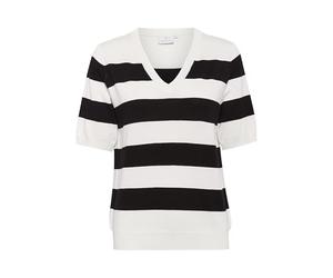 KAFFE Women's Pullover V-Neck Short Sleeves Striped Regular Fit Light Knit, Turtledove/Black Boldstripe, S Donna