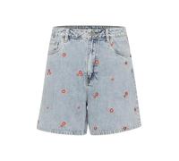 KAFFE Women's Shorts Floral Embroidery Wide Legs High Waist Regular Fit Pantaloncini, Blue Denim/Red Flower EMB, 42 Donna