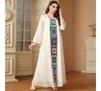 Kaftan con patchwork di paillettes geometriche, ricamo dorato su tutto il corpo, abito lungo elegante e ampio, bianco, autunnale L,M,XLTradizione popolareTessuto intrecciato
