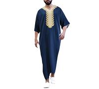 Kaftan da uomo lungo musulmano, abito da uomo musulmano proveniente dal Medio Oriente, vestiario saudita, colletto ricamato, kaftan da preghiera, thobe, abito islamico marocchino, Blu marino, L