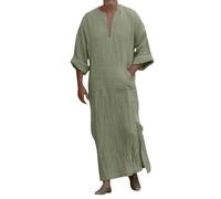Kaftan Thobe per Uomini, Maniche Lunghe a Colletto a V, Tuta in Lino, Taglie Grandi e Alta per Musulmani, Roba Casual Ampia, Leggera, Lungo Camice da Letto(1C-Light Green, XL)