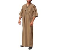 Kaftan Uomo Lungo Musulmano Thobe Scollo a V Islamico Abaya Medio Oriente Abbigliamento da preghiera Uomini Vintage Dubai Caftano Abito per Ramadan Baggy Tempo Libero Arabo Vestiti con Bottoni, cachi